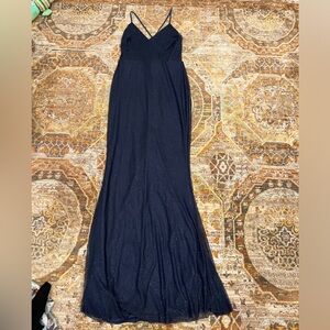 Windsor blue stretchy prom maxi dress with cross straps v neck ruffle back